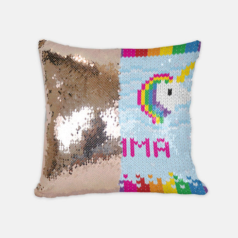 Personalized Unicorns and Rainbows Sequined Pillow, Cute Knitting Gift for Friend, Gift for Little Girl, Daughter Gift, Knitter Gift